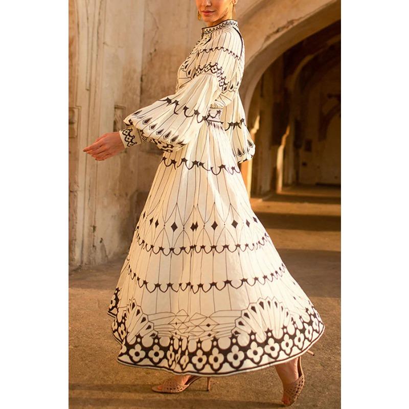 IHUASU Wiosna Lato Styl Dworski Elegancka Sukienka z Długim Rękawem i Nadrukiem, Zapinana na Klamrę z Paskiem Kobiety