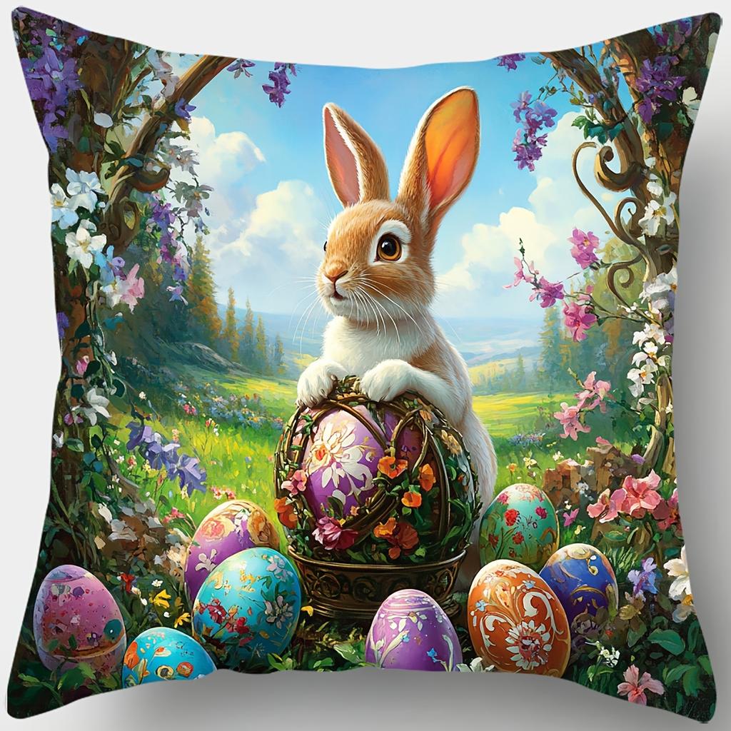 1/4Pc Chic Spring Vintage Easter Bunny Pillow Covers Polyester Zippered Cushion Cases Handcart & Easter Egg Print, Home Decor
