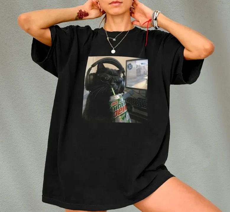 Gamer Cat Soda Meme Shirt, Black Cat, Diet Mtn Dew, Gen Z Joke Shirt S