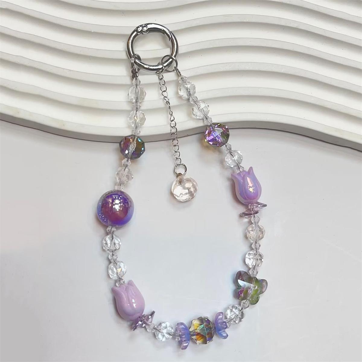 

Tulip Flower Butterfly Artificial crystal Beaded Phone Pendant Keychain For iPhone Samsung Accessories Rope Anti-Lost Lanyard