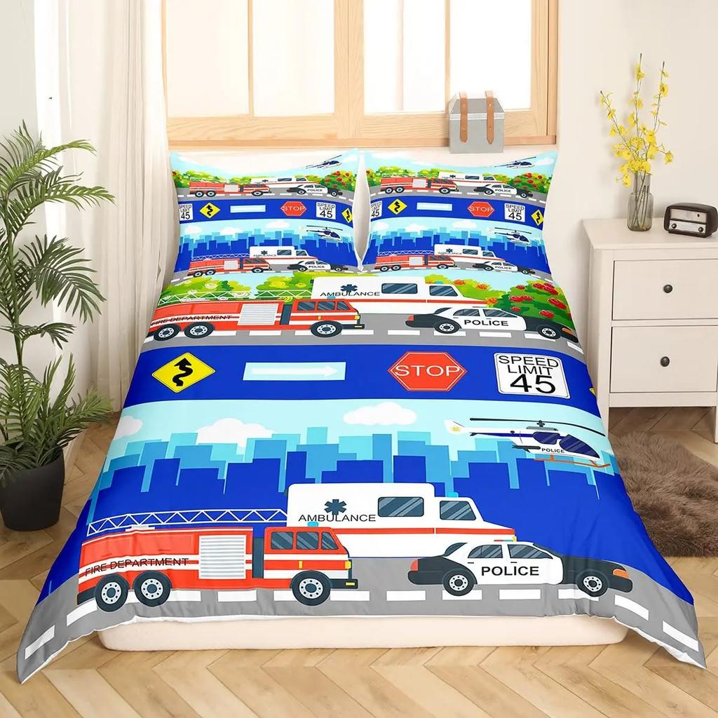 Comforter Ambulance Car King Queen White Cartoon Medical Car Bedding Set For Kid Hospital Rescue Vehicle Polyester