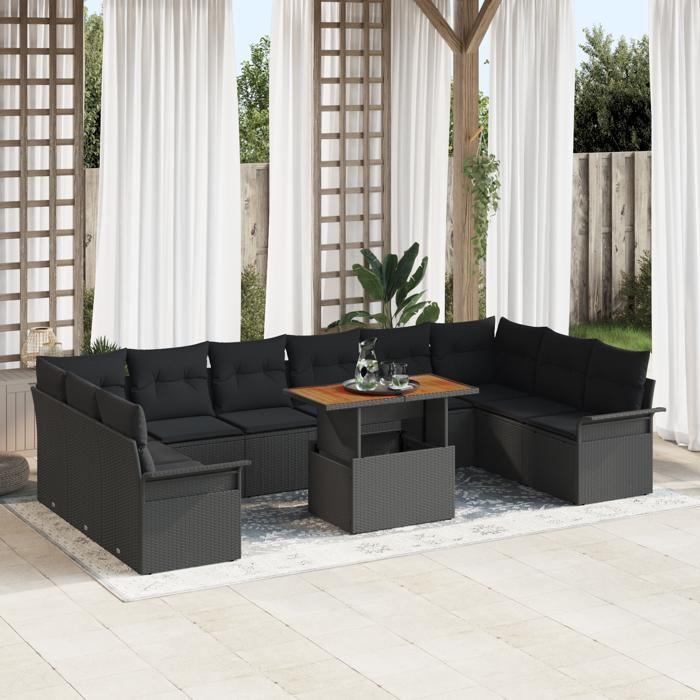 Ensemble de Canapé de Jardin de 11 Pièces avec Coussins en Poly Rattan Noir, Canapé de Jardin 2 Places avec Rangement &amp; 3358123