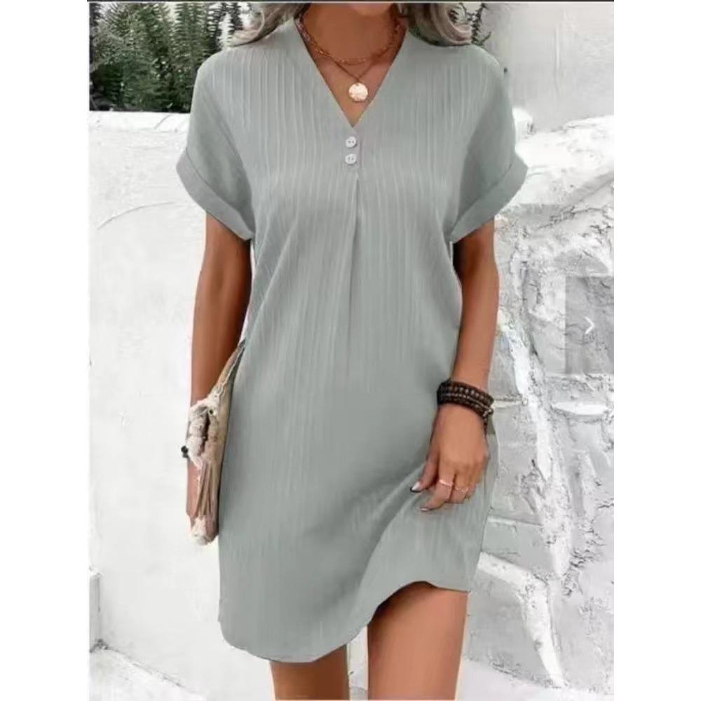 New Women's V-neck Solid Color Pullover Casual Button Dress