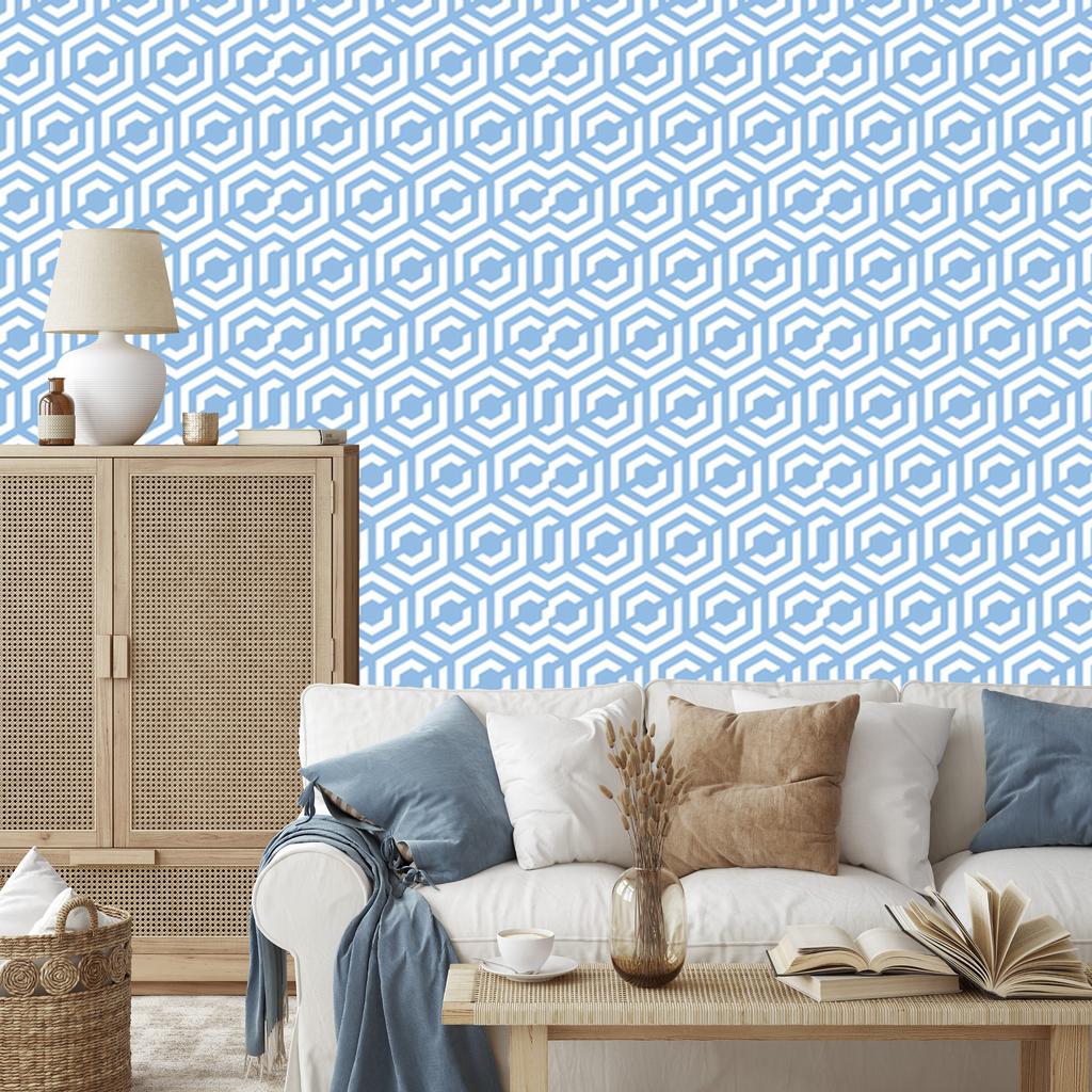 Wallpaper Geometric Pattern Azure and White for Living Room and Bedroom 50x1000