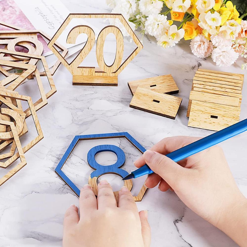Wooden Table Numbers 1-10/1-20 Wedding Table Numbers Card with Holder Base Hollow Out Wood Table Numbers for Wedding Party Event Catering Decoration