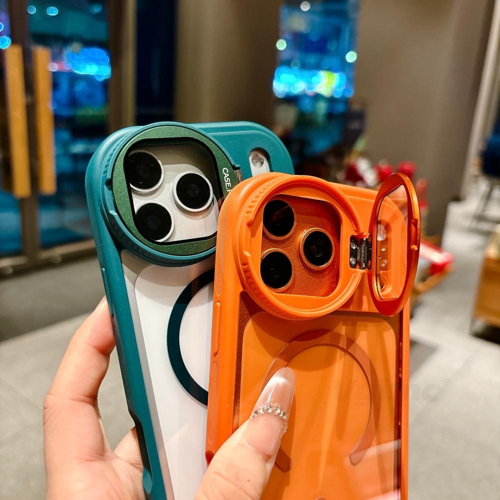 Fold Glass Lens Stand Magnetic Transparent Case For iPhone 18 17 16 15 14 13 12 Pro Max For Magsafe Wrist Strap Shockproof Cover