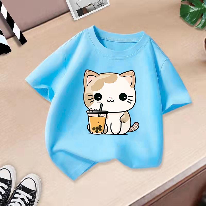 Children's Casual Short-sleeved T-shirt - Summer Boys' and Girls' Casual Cute Cat T-shirt