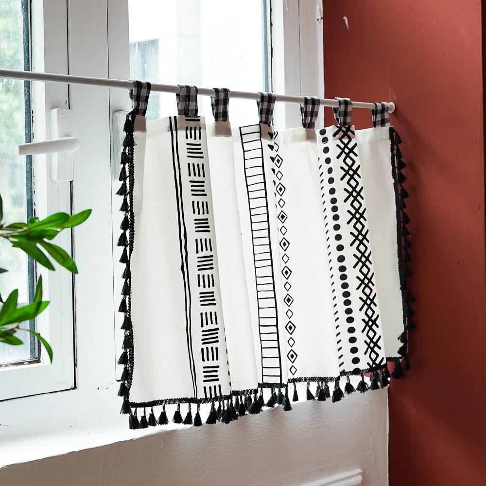 Curtains Non-Punching Floating Curtain Cabinet Room Printing Black Card Fringe Coffee Curtain