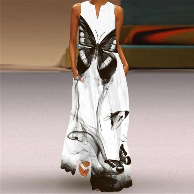 2026 Summer Women V Neck Sleeveless Maxi Dress Digital Print Pocket European American Style Sizes S To 5XL