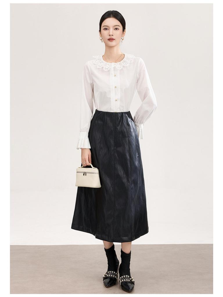 Anti-Wrinkle French Style Lace-Embroidered White Cotton Shirt