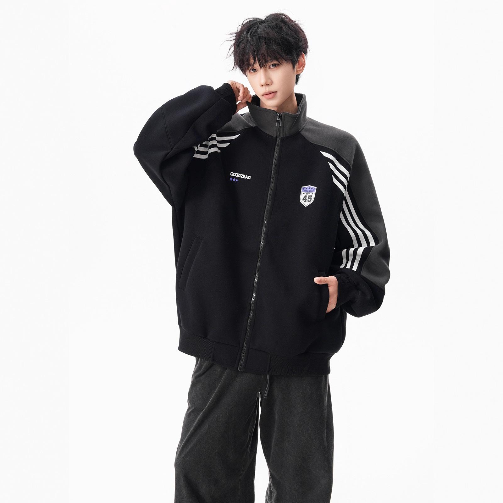 

Striped Stand-up Collar Cardigan Sweatshirt Men s College Style Loose Casual Versatile Sports Jacket XXXL