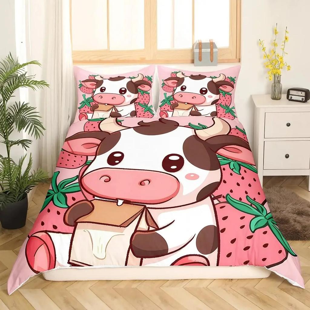 Milk Cow Pattern Bedding Set King Queen Animals Theme Comforter Cover Chocolate Brown Duvet Cover Cute Kawaii Cattle Quilt Cover
