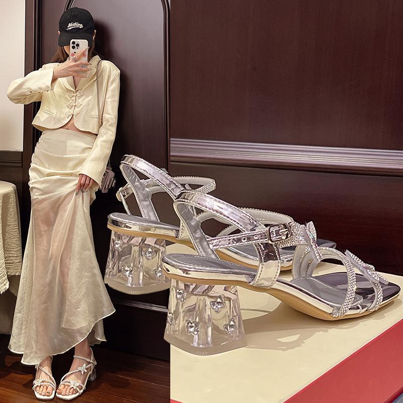 Fashion Women Fashion Open Toe Shining Blue Rhinestone Buckle Thick High Heel Sandals Rhinestone Gladiator Wedding Dress Shoes