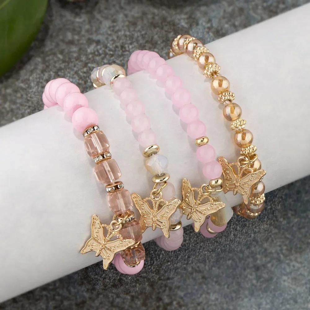 4pcs/1set Bohemian Creative Fashion Jewelry Exquisite Crystal Creative Bracelet Many-layered Butterfly Beaded Bracelet Accessory