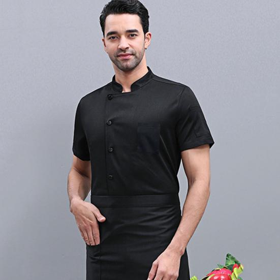 Hotel Chef Clothes Stand Collar Single Breasted Short Sleeve Breathable Overalls Stain Proof Cotton Blend Summer Chef Shirt Restaurant Kitchen