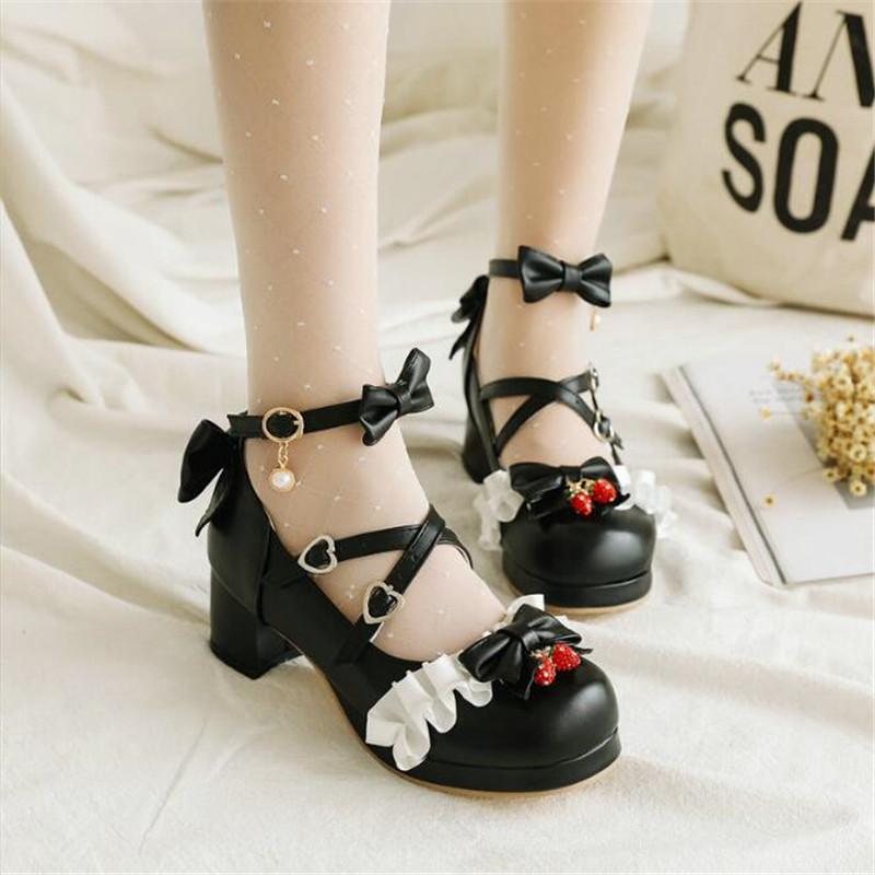 Girls High Heel Shoes Lolita Ruffles Bowknot Lace Wedding Shoes Women High Heel Princess Dress Party Shoes Plus Size 30-46