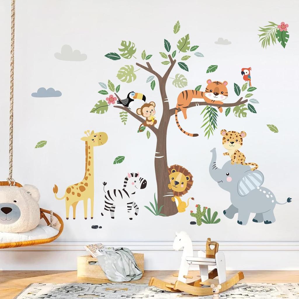 Jungle Animals Tree Wall Decals - Elephant Giraffe Lion Safari Stickers For Kids Room