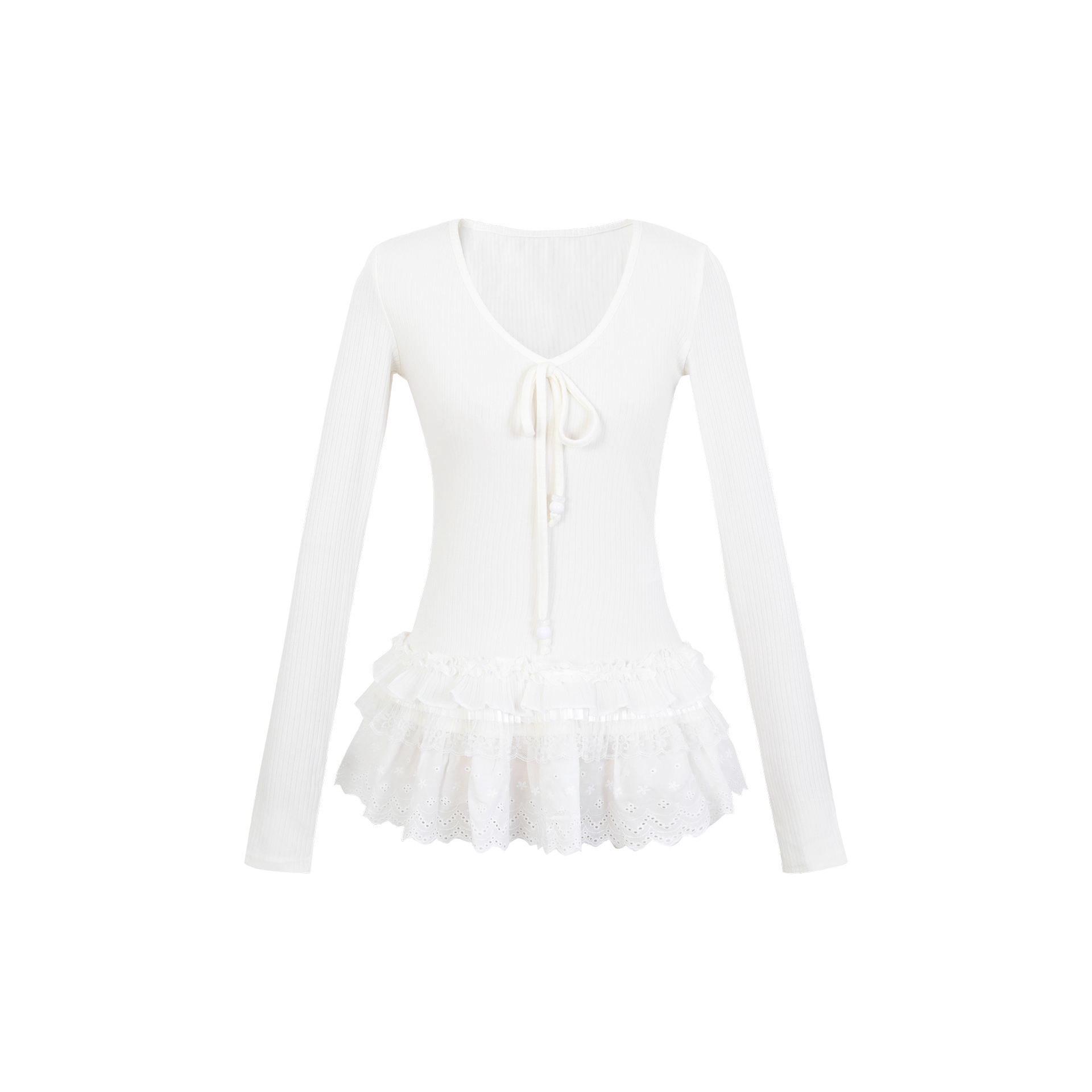 

Women s V-Neck Tie-Up Long-Sleeve T-Shirt with Lace Trim, Slimming Fit, Perfect for Autumn/Winter. S белый
