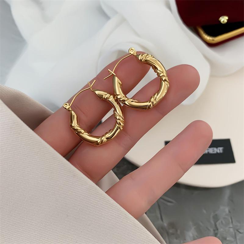 European Cable Knit Texture Gold Plated Titanium Steel Stud Earrings for Women - Chic Cold Style Fashion Accessory