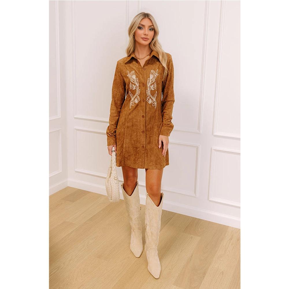 Fashion Europe beautiful women autumn and winter lapel single-row multi-button embroidered suede long-sleeved shirt medium and long European and american code s