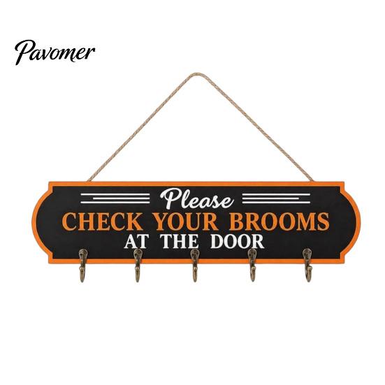 Halloween Home Decor Broom Parking Sign, Check Your Brooms Wooden Wall Hanging Sign Witch with Hooks for Indoor Outdoor Front Porch Creative
