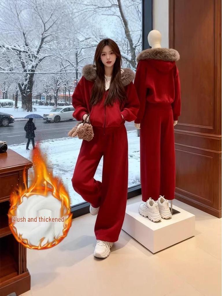 Women's Winter Red Sportswear Set with Fur Collar & Fleece Hoodie - Two-Piece Wide Leg Pants