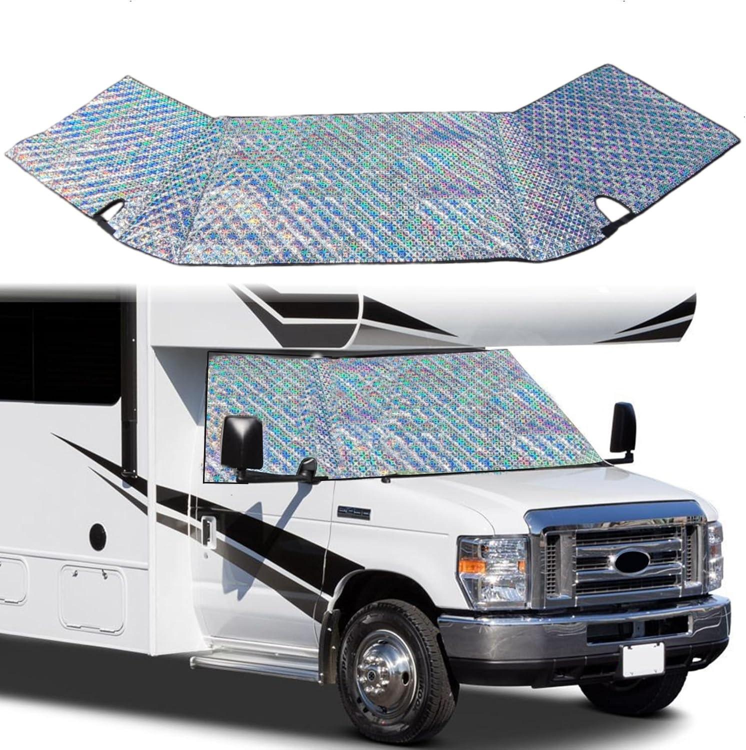 

RV Windshield Window Snow Cover for Class C Ford E450 1997-2025 Motorhome Front Window Sunshade Cover 4 Layers Laser Colorful-