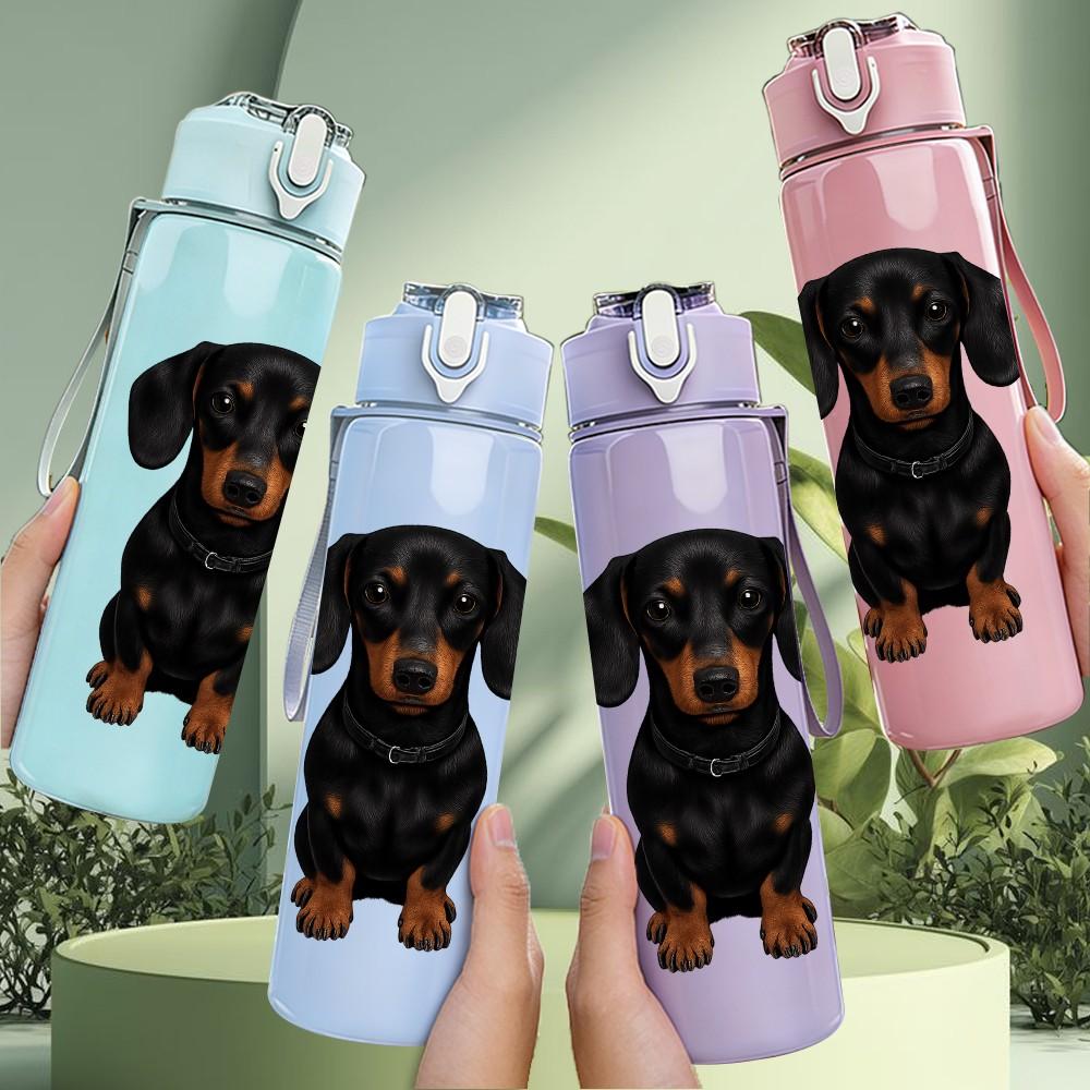 1PC Pure Black Dachshund Portrait 750ml Color Plastic Sports Water Bottle Leakproof Flip Straw Lid Suitable for Sports Office Home Use