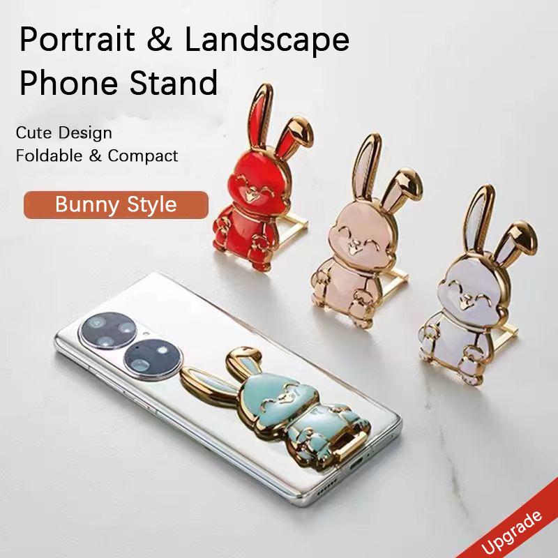 Slide-Push Bunny Phone Stand With Adhesive Back - Foldable Desktop Holder For Hands-Free Viewing