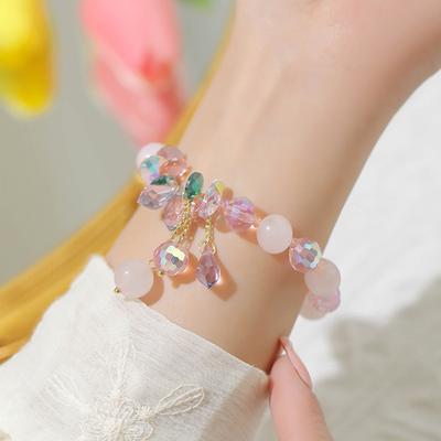Natural Pink and White Crystal  Niche Design Elastic Jewelry Color Aquamarine Natural Stone Crystal 