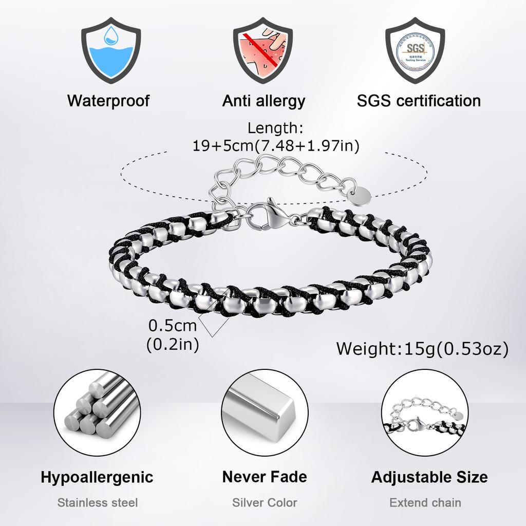 Black Silver Color Stainless Steel Box Chain Bracelets, Simple Punk Adjustable Chain Wristband,New Male Jewelry