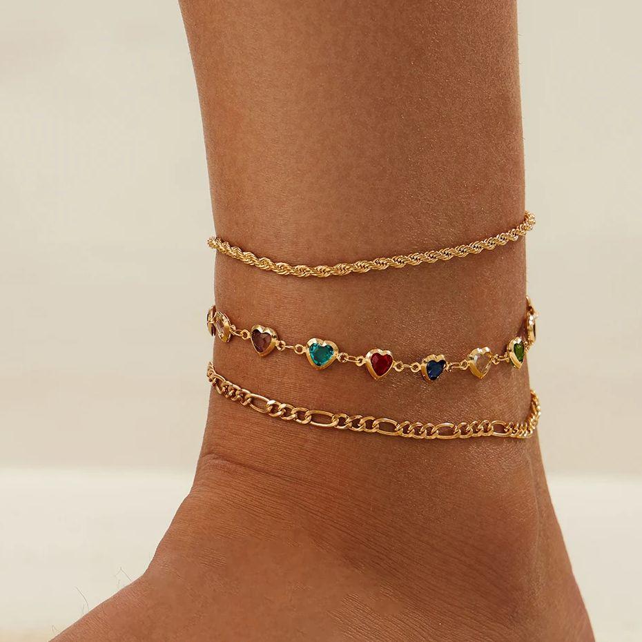 Salircon 3Pcs/set Fashion Colorful Imitation Crystal Chain Anklets Sandals Women Boho New On Foot Ankle Chain Beach Jewelry Gift