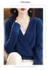Women's Spring V-Neck 100% Wool Knit Cardigan - Long Sleeve, Short Style Sweater