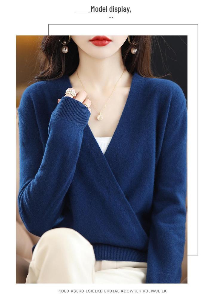 Women's Spring V-Neck 100% Wool Knit Cardigan - Long Sleeve, Short Style Sweater