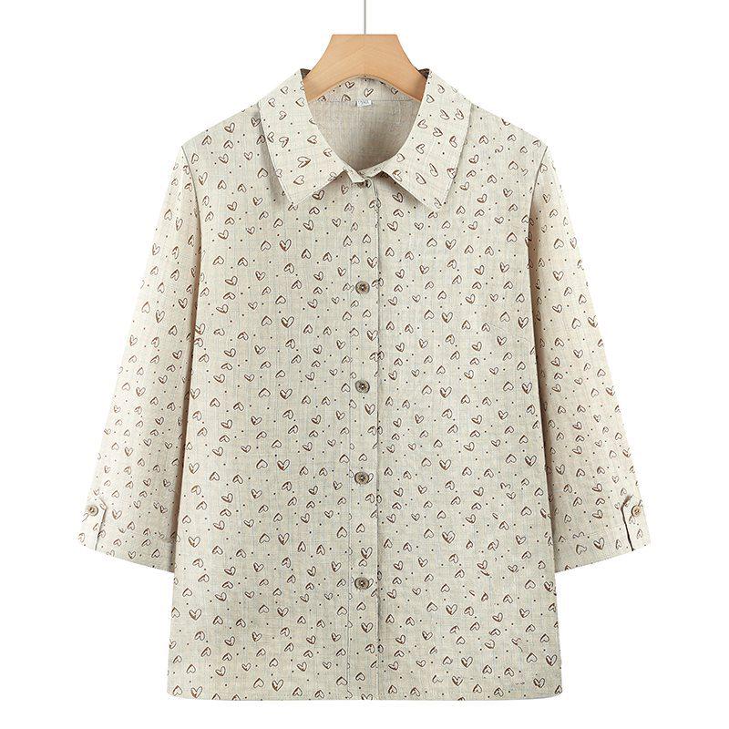 Mid-aged & Elderly Women's Floral Cotton Shirt, 3/4 Sleeve, Loose Plus Size Top