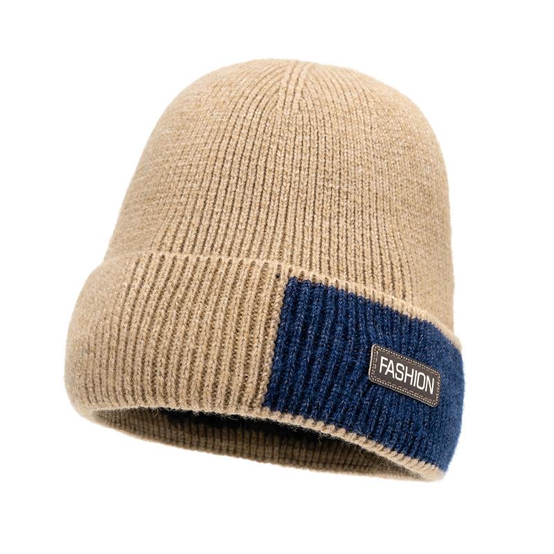 Winter Wool Knitted Hat Men's Fleece Thick Color Block Hat Outdoor Cycling Windproof Cap
