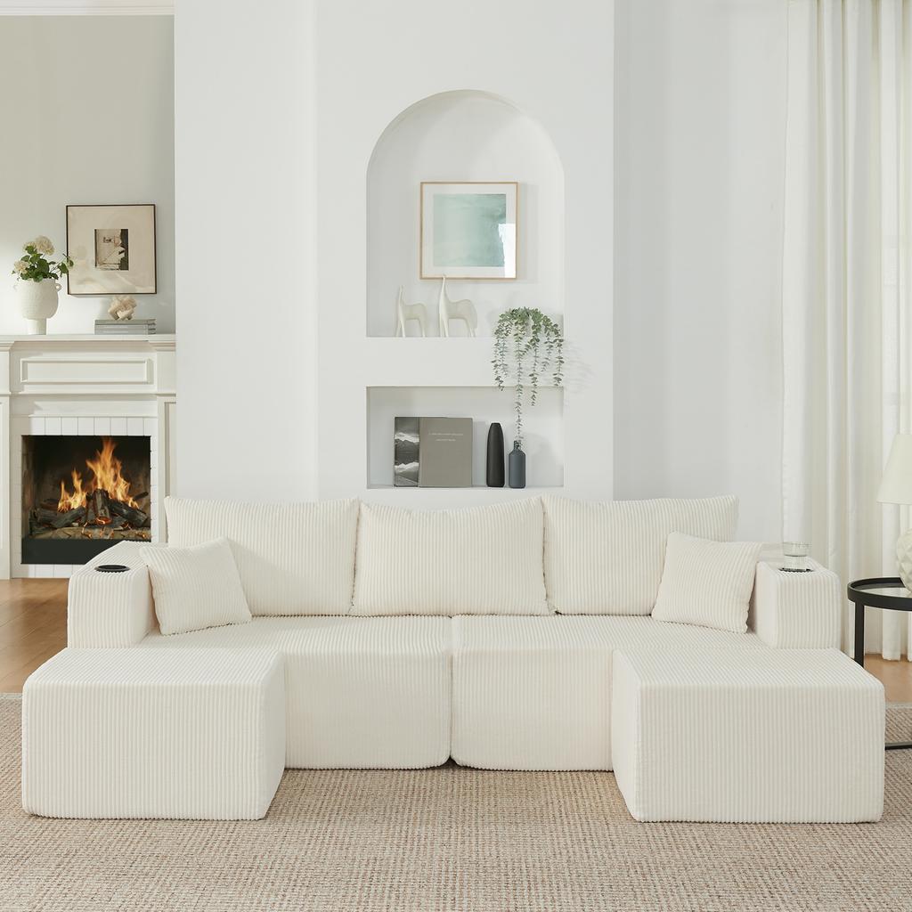 3-Seater Modular Corner Sofa, with Movable Ottomans, Soft Corduroy Fabric, Cup Holder, for Living Room, Hotels and Rental Apartments, Beige