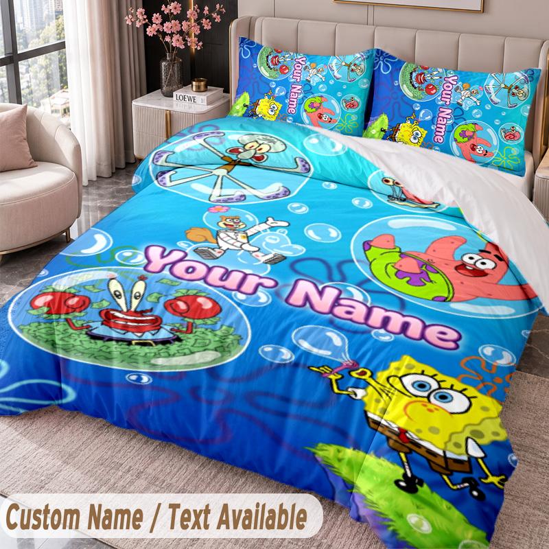 Custom Name Text 3Pcs Bedding Set SpongeBob Duvet Cover And Two Pillowcases