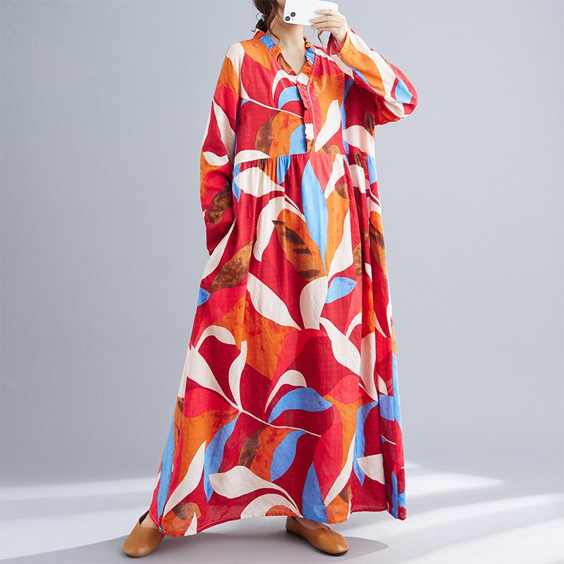 Rochie Lungă Casual Largă cu Mâneci Lungi cu Imprimeu Boho Retro din Bumbac și In pentru Femei Rochii