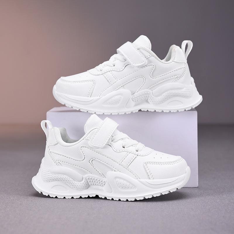 Kids' White Sports Shoes - Waterproof Leather Surface, Unisex Casual Running Sneakers