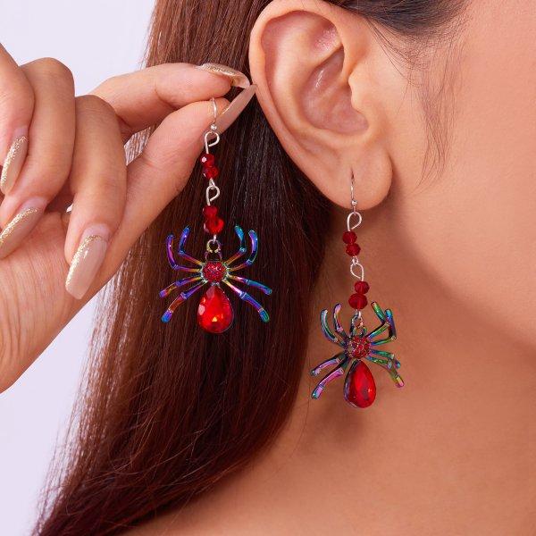 Colorful Spider Design Shiny Artificial Crystal Zircon Dangle Earring For Women Punk Insect Water Drop Earring Halloween Jewelry