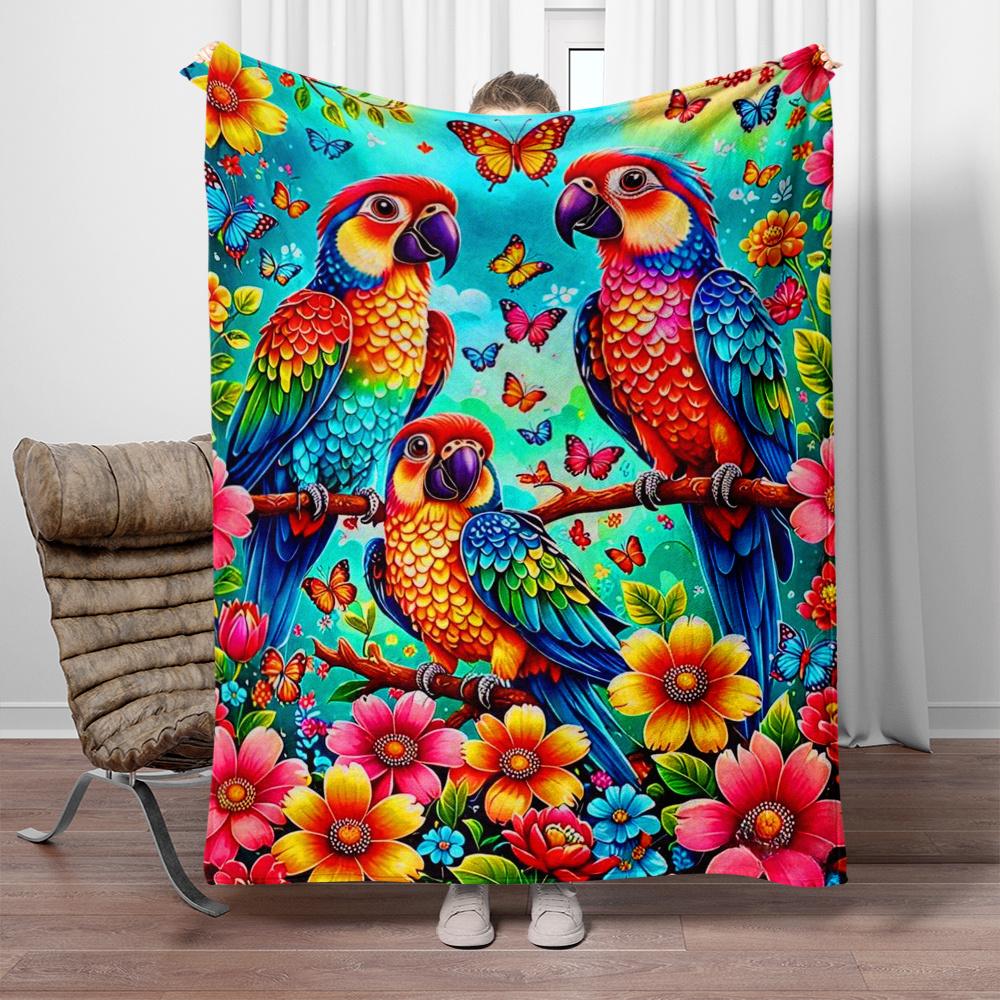 Colorful Parrot Butterfly Flower Jungle Blanket Soft Flannel Throw Tropical Bird Decor Exotic Nature Theme Bedding