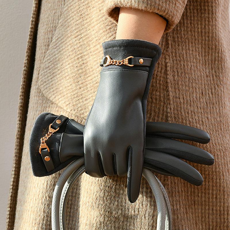 Luxury Protein Leather Fleece Lined Women'S Gloves Winter Cycling Windproof Keep Warm Elegant Touchscreen Gloves