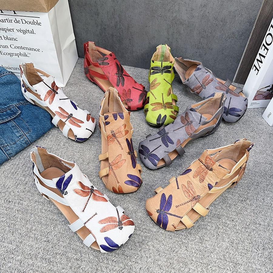 Johnature Genuine Leather Printed Roman Sandals Back Zippered Flat Hollow Round Toe Women's Shoes