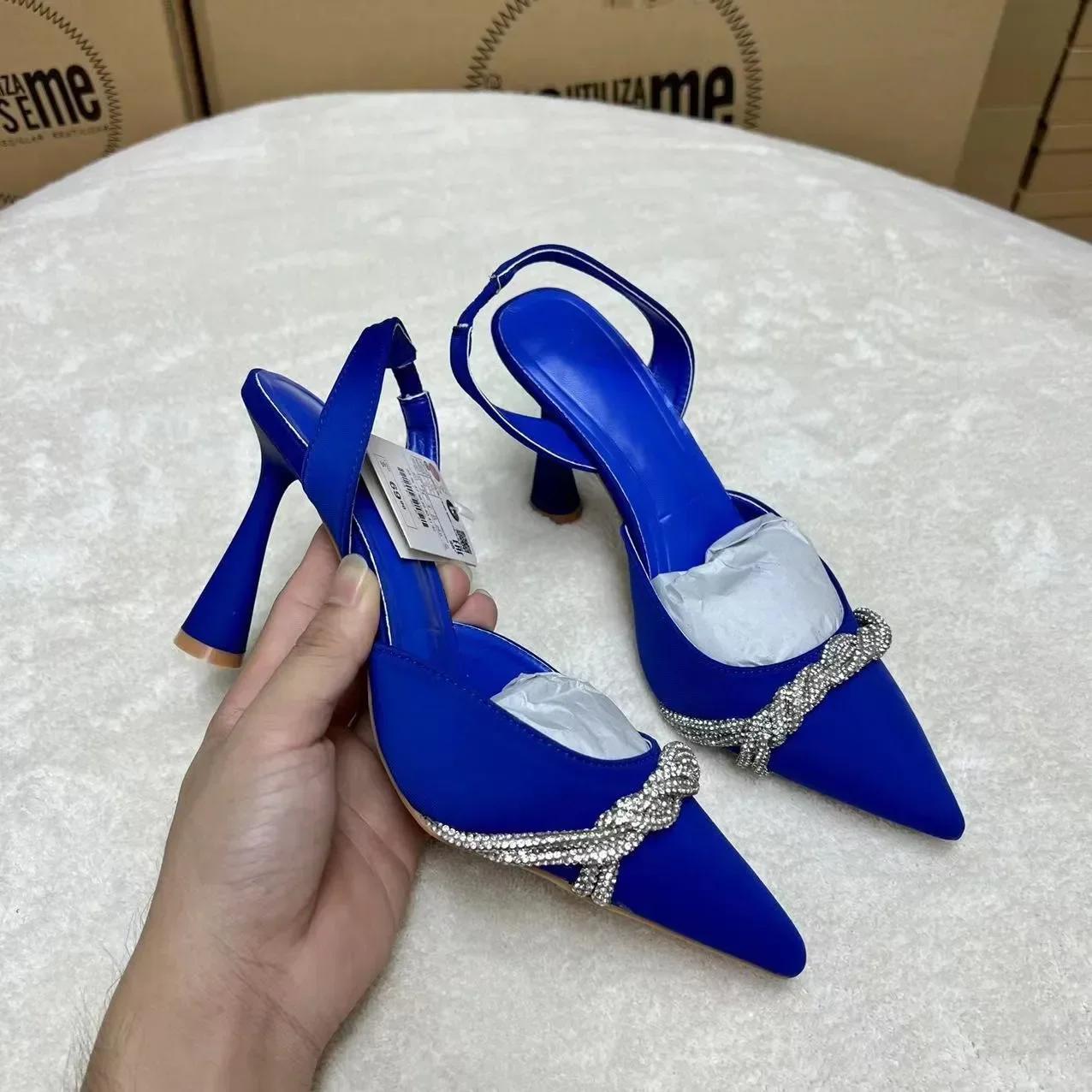 

Fashion Elegant Woman Heeled Shoes Designer Pink Satin Crystal High Heels Sandals Women 2025 Summer Ladies Party Bride Wedding Shoe 37 синий