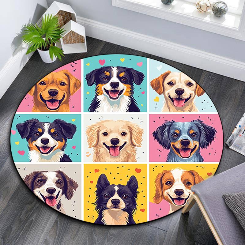 Happy Dog Round Area Rug,Carpet Rug for Living Room Bedroom Sofa Playroom Decor,Non-slip Floor Mat