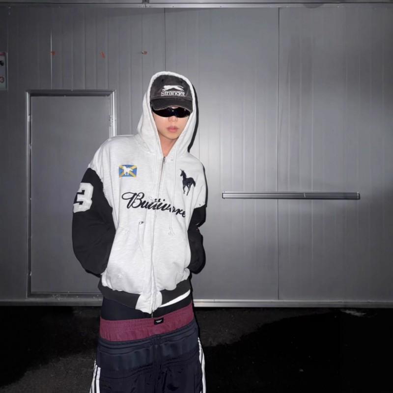 Mens Oversized Hooded Zip-Up Sweatshirt With Embroidered Slogan Distressed Patchwork Design Heavyweight Cotton Winter