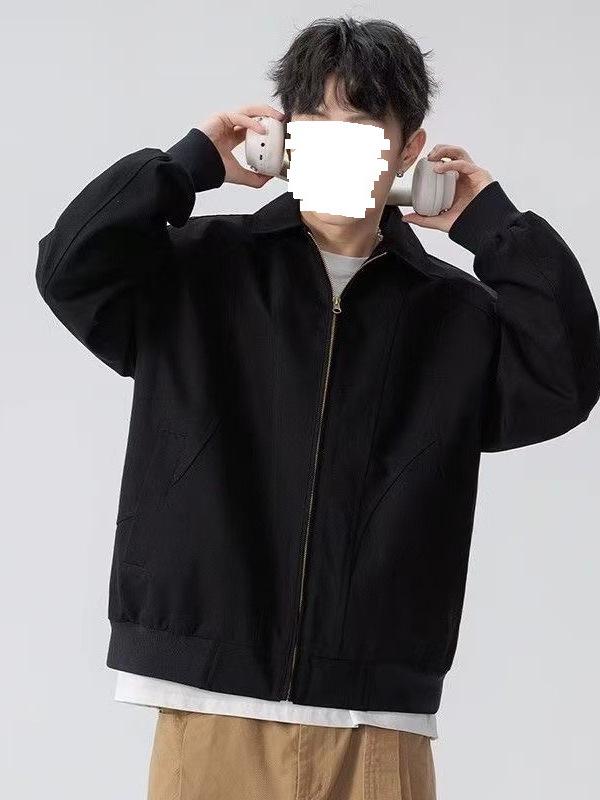 Men's American Retro Versatile Loose Jacket - Autumn Solid Color Fashion with Simple Lapel and Zipper