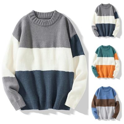 Sweter męski na jesień i zimę, dzianinowy, z blokami kolorów, luźny, okrągły dekolt, długi rękaw, gruby, elastyczny, ciepły, średniej długości, unisex