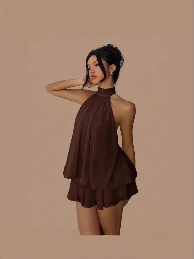 Cross-Border Women's Sexy Backless Halter Top & Fluffy Short Skirt Dress